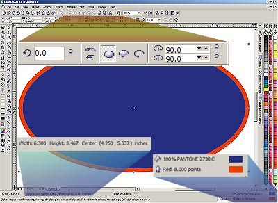 CorelDRAW X3 screen enhancing the Property Bar and Status Bar with ellipse object selected